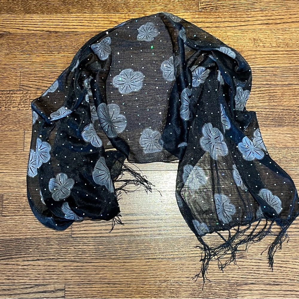 Sheer lightweight, black scarf with white pattern and tiny sequins